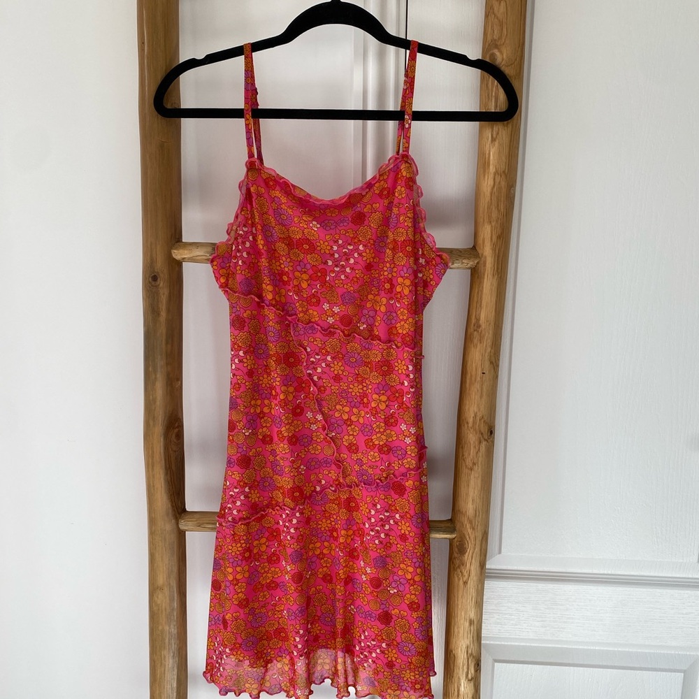 Wild Fable vibrant pink groovy floral mesh slip mini dress adjustable straps